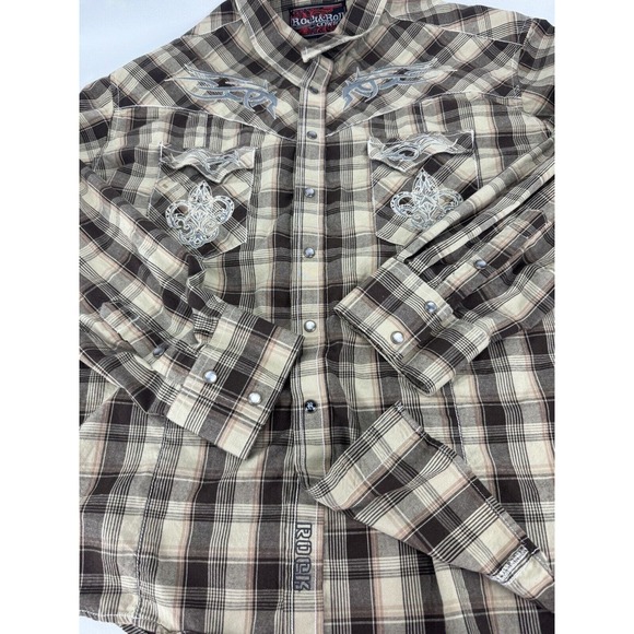 Rock & Roll Cowboy 2XL Brown Plaid Long Sleeve Pearl Snap Button Shirt - Picture 12 of 12